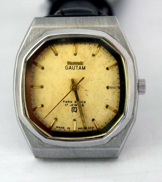 Hmt Gautam Hand Winding 17 Jewels Gold Dial Mechanical Analog Wrist Men Watches