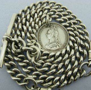 Heavy Antique Solid Silver Double Albert Watch Chain & Coin Fob Bir 1904 17 Inch