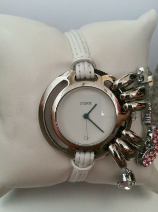 Storm Ladies Charm Watch Stainless Steel Face With White Leather Strap