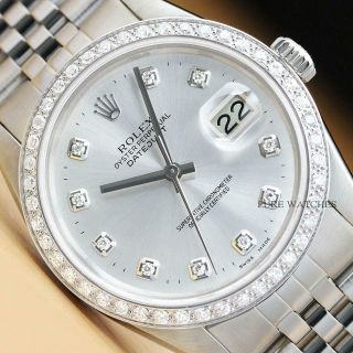 Mens Rolex Datejust 16014 Silver Diamond 18k White Gold & Stainless Steel Watch
