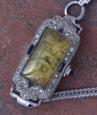 Luor 30s Vtg Art Deco Diamond Sapphire Case Ladies Watch 7j Swiss Parts/restore