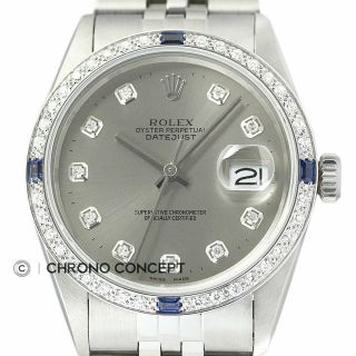 Rolex Mens Datejust Gray Diamond Sapphire 18k White Gold & Ss Steel Watch