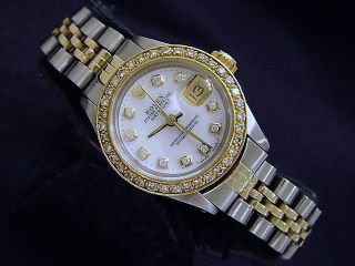 Rolex Datejust Lady 2tone 14k Gold Steel Watch White Mop W/ Diamond Dial & Bezel