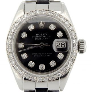 Rolex Datejust Lady Stainless Steel Watch Oyster Black Diamond Dial.  70ct Bezel