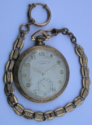 Antique Cyma Open Face Yellow Gold Plated Mens Pocket Watch Swiss,  Chain