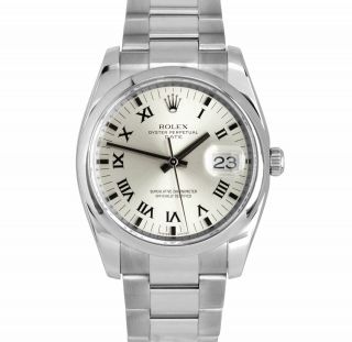 2012 Rolex Date Silver 34mm Stainless Oyster Smooth Bezel Watch 115200