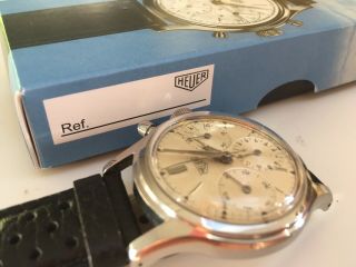 HEUER 2444 Vintage Valjoux 72 Chronograph Pre Carrera Big Eye Stainless Boxed 12