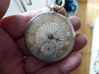 Antique Silver Fusee Verge Pocket Watch Silver Dial Applied Gold Numerals C1874