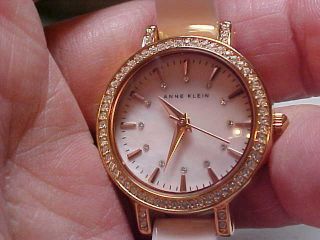 Anne Klein Ladies Dress Watch In Pink And Gold Color Crystal Bezel/dial