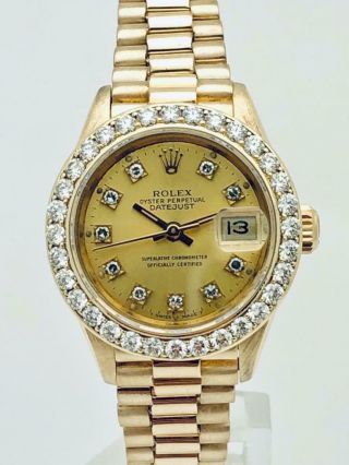 Estate Rolex Ladies President 18k Datejust Diamond Bezel & Gold Diamond Dial