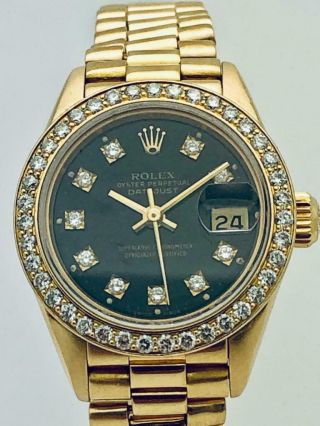 Estate Rolex Ladies President 18k Gold Datejust Diamond Bezel & Diamond Dial