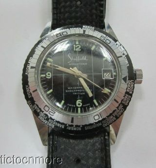 Vintage Sheffield Swiss Worldtimer Date Luminous Dial Divers Watch Mens 38mm
