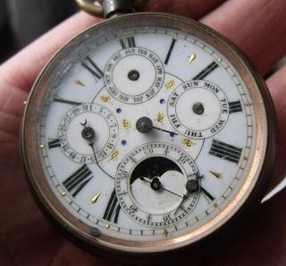 Antique Gun Metal Azier Multi Dial Moon Phase Calendar Pocket Watch