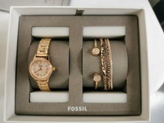 Nwt Fossil Bq3148 Blythe Three - Hand Rose Gold - Tone Ss Watcjewelry Set