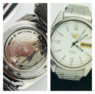 Vintage Seiko 5 Japan Automatic 21j Arabic & English Men White Dial Watch 7s26