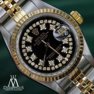 Rolex 26mm Datejust 18k Gold & Glossy Black String Diamond Dial Watch