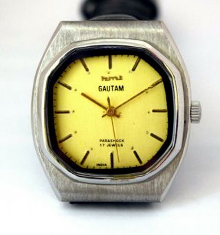 Hmt Gautam Hand Winding 17 Jewels Gold Dial Mechanical Wrist Men Watches