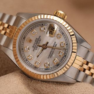 Rolex 26mm Datejust White Mother Of Pearl Diamond Dial Fluted Bezel 2 Tone