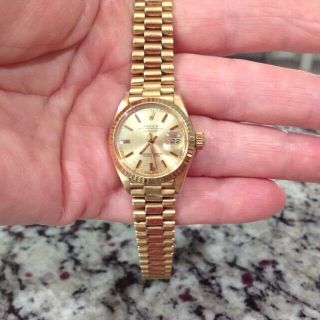 Ladies Oyster Perpetual President Datejust Rolex 18k Gold Band & Watch Perfect