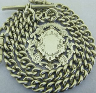 Heavy Antique Solid Silver Double Albert Pocket Watch Chain T - Bar & Fob Bir 1918