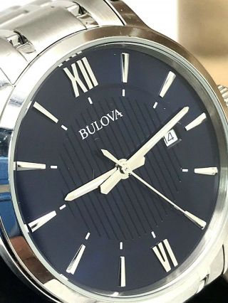 Bulova Classic Blue Dial Roman Date Stainless Steel Quartz Men 
