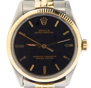 Mens 2tone Rolex 14k Gold/stainless Steel Oyster Perpetual W/black Dial 1005