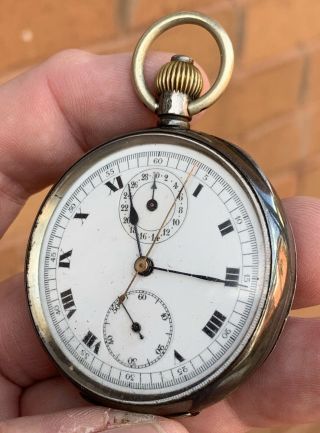 A GENTS SOLID SILVER ANTIQUE SWISS CHRONOGRAPH POCKET WATCH,  LONDON 1920 3