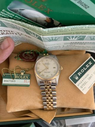 Rolex Datejust Steel Yellow Gold Ivory Pyramid Dial Mens Watch 16233 Box Papers