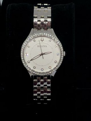 Bulova 96l270 Ladies Crystal Watch Pearl Dial Stainless Steel Silver Tone 30mm