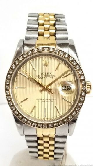 16233 Rolex Datejust 18k Gold Ss Diamond Quickset Mens Sapphire Crystal Watch