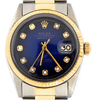Rolex Datejust Mens 2tone 14k Gold & Stainless Steel Blue Vignette Diamond 1601