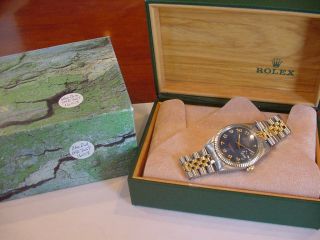 Rolex 16013 18k Gold Ss Mens Datejust Blue Radial Numbers Dial 2 - Tone
