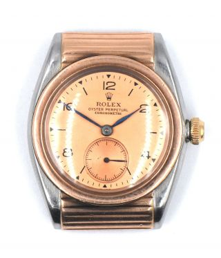 RARE ROLEX BUBBLEBACK 3595 REEDED HOODED LUGS WATCH PINK GOLD STAINLESS c1938 6