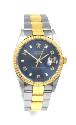 Vintage Gents Rolex Oyster Date 15223 Blue Dial Wristwatch 18k Yellow Gold C2000