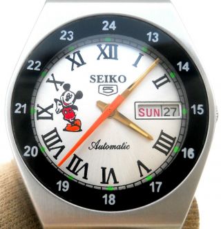Vintage Japan Seiko 5 Automatic Micky Mouse 24h Railway Time Day Date Men Watch.