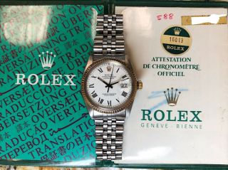 Rolex Datejust Vintage Ref.  16013 14k/ss White Buckley Dial Mens Watch W/ Papers