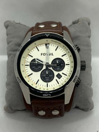 Fossil CH2890 Men ' s Watch Chronograph White Dial Brown Leather 44mm Quartz D977 2