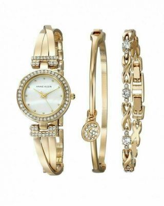 Anne Klein Women ' s Swarovski Crystal - Accented Gold - Tone Watch and Bracelet Set 2