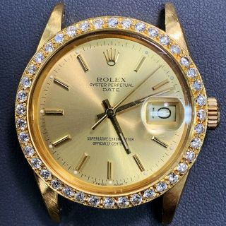 Rolex Date 15038 35mm 18k Yellow Gold Champagne Watch 1.  25ct Diamond Bezel