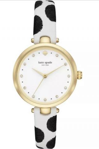 Nwt Kate Spade Ny White W Black Dot Holland Leather Strap Watch 34mm Ksw1449