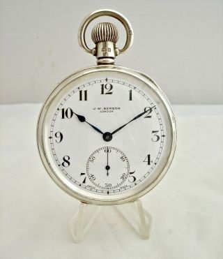 Antique Solid Silver Open Face J W Benson Pocket Watch Bir 1934 Coronation
