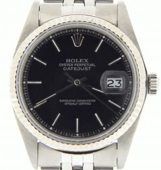 Rolex Datejust Mens Stainless Steel 18k White Gold Black Watch Jubilee Band 1601