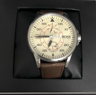Men’s Hugo Boss 1513516 Aviator Leather Strap Stainless Steel Wristwatch