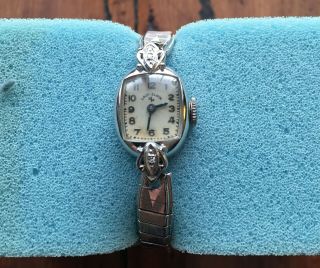 Vintage Lady Elgin 14k Gold Watch With 2 Diamonds