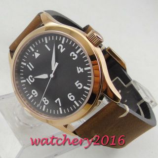 42mm Corgeut Black Sterile Dial Rose Sapphire Glass Leather Automatic Mens Watch