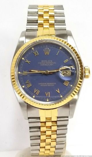16013 Rolex Datejust 18k Gold Ss Mens Scarce Blue Dial Quickset Watch