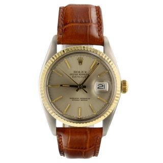 Rolex Datejust 36 Mm Two Tone Silver Automatic Leather Watch 16013 Circa 1979