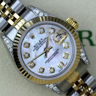 Women ' s Rolex 26mm Datejust 2 Tone White MOP Mother Of Pearl Diamond Dial Watch 2