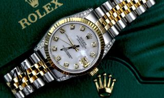 Women ' s Rolex 26mm Datejust 2 Tone White MOP Mother Of Pearl Diamond Dial Watch 3