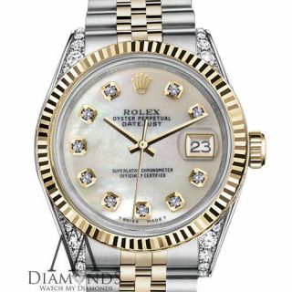 Women ' s Rolex 26mm Datejust 2 Tone White MOP Mother Of Pearl Diamond Dial Watch 4